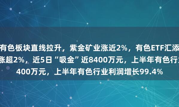 有色板块直线拉升，紫金矿业涨近2%，有色ETF汇添富(159652)冲高涨超2%，近5日“吸金”近8400万元，上半年有色行业利润增长99.4%